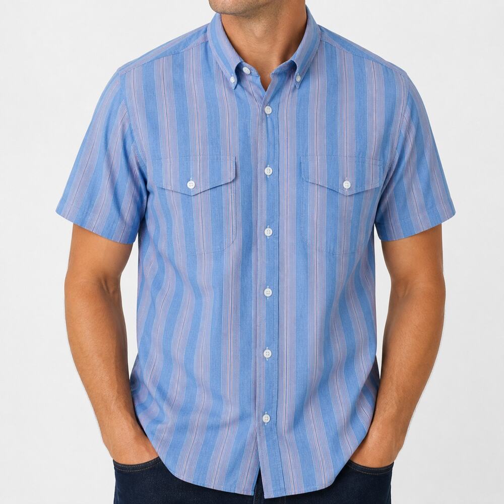 Gibson Shirt Mens Large Blue 100% Cotton Striped Short Sleeve Pockets